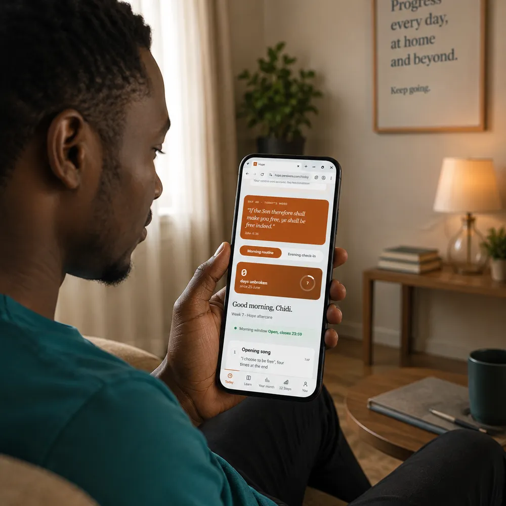 A man sitting at home, working through his morning routine on his phone. The screen shows the day's word, his unbroken run, and the first step of his centre's routine.
