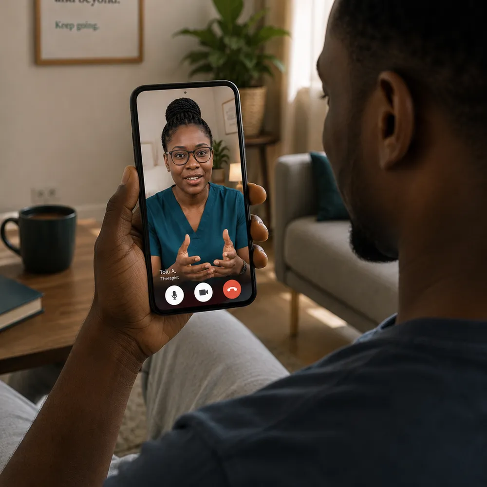 A man at home holding his phone, in a video call with his therapist, who is on screen in her scrubs.