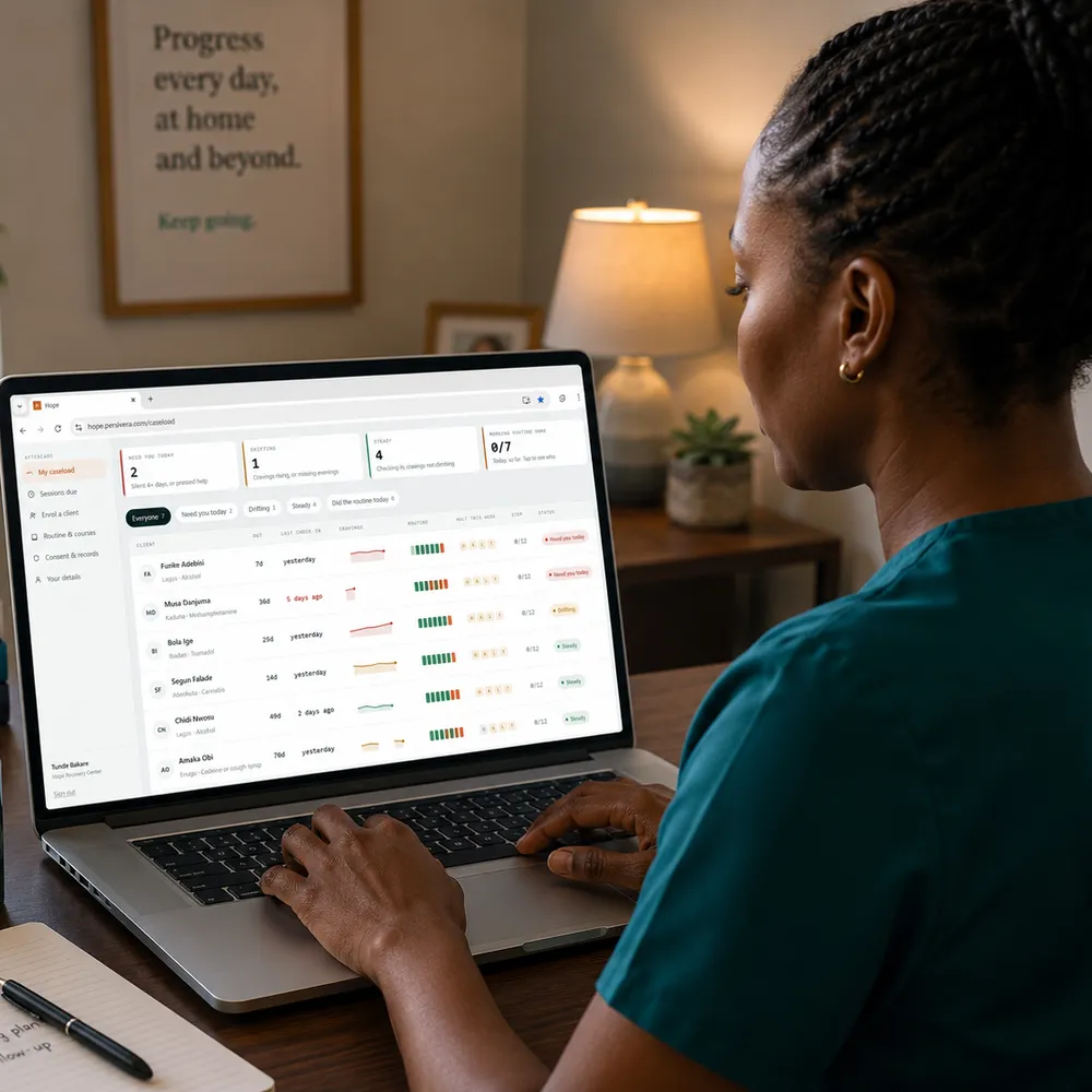 A therapist at a laptop reading her caseload. Each client shows their days out, last check in, a craving line, routine progress and a status.